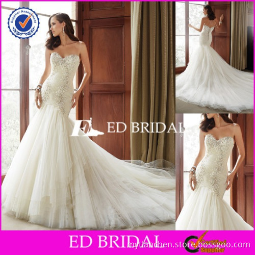 JW14 Elegant For Price Sweetheart Pleated Appliques Tulle Mermaid 2015 Bridal Wedding Dress
